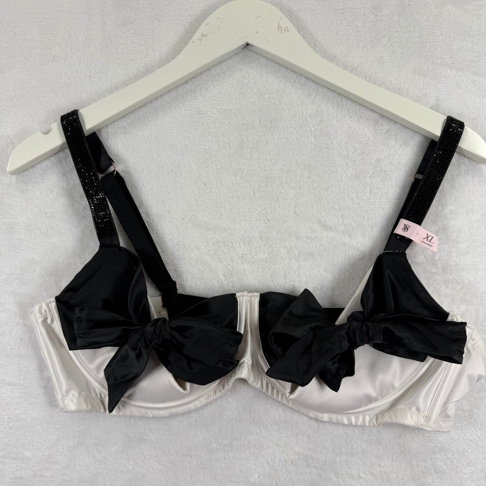 Victoria's Secret Dream Angels Unlined Bow Bra Crystal Straps White Black XL NWT
